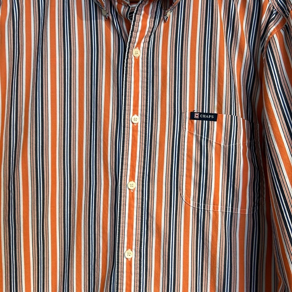 Chaps Navy and Orange Classic Striped Long Sleeve casual Button Up - Picture 2 of 6